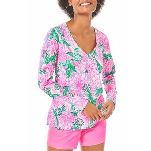 LILLY PULITZER Etta Tee Long Sleeve Pink Blossom Try Your Zest V-Neck T-Shirt